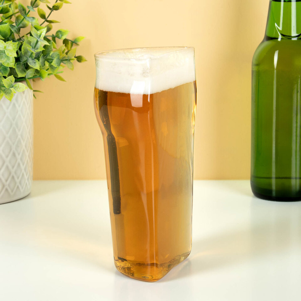 Half bierglas met bier, plant en flesje